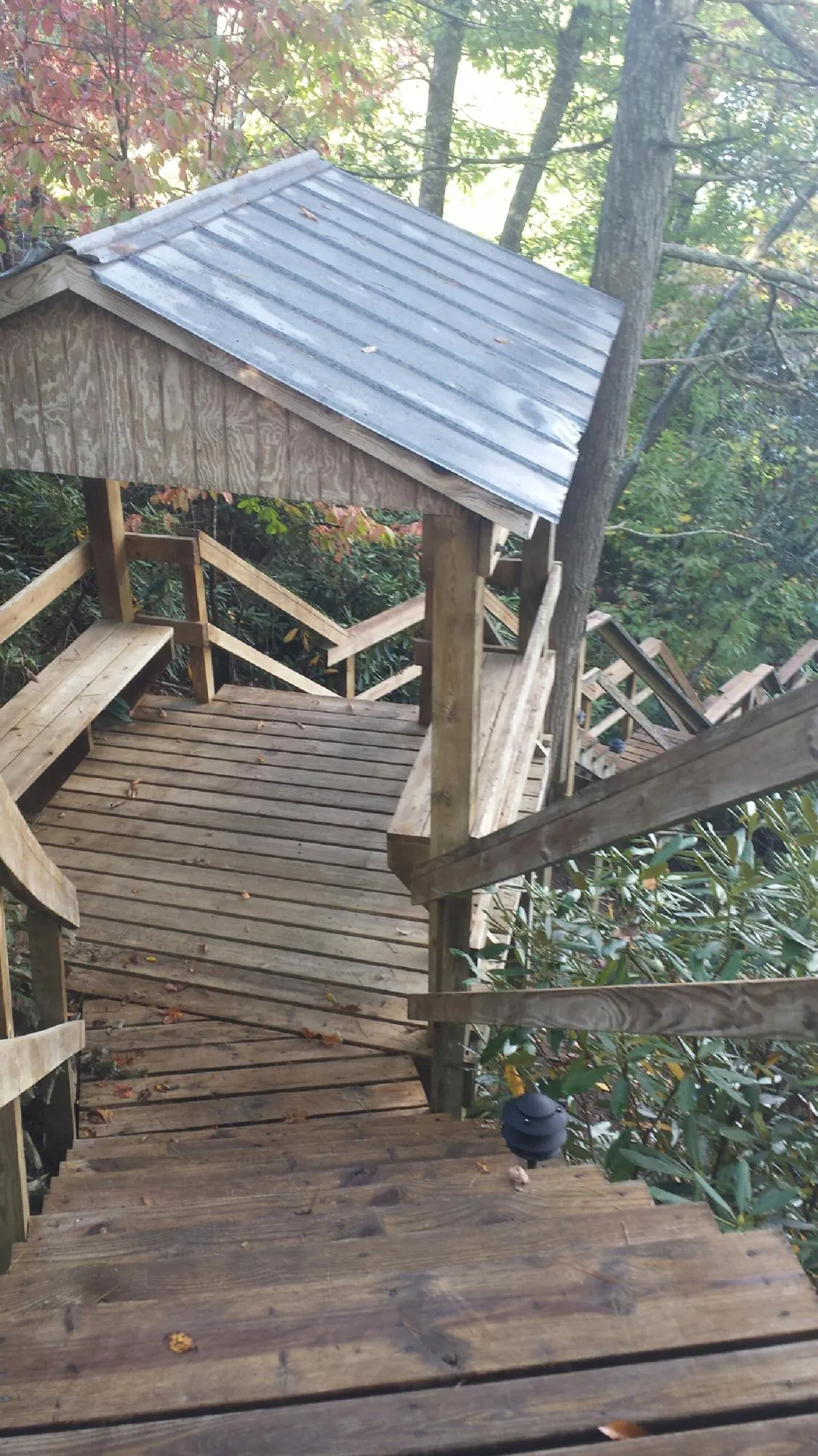 Metal roofed shelter over wooden steps on a wooded walkway — Skylight Repair & Installation work by our crew in Piedmont